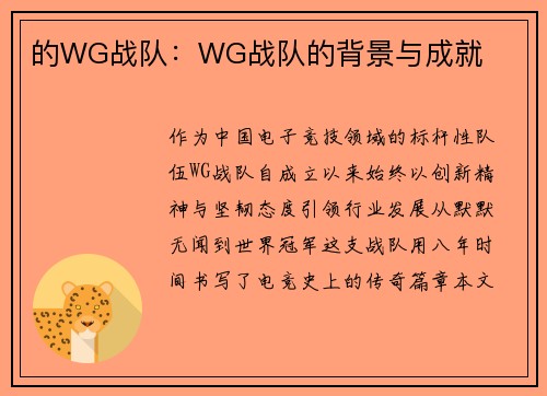 的WG战队：WG战队的背景与成就