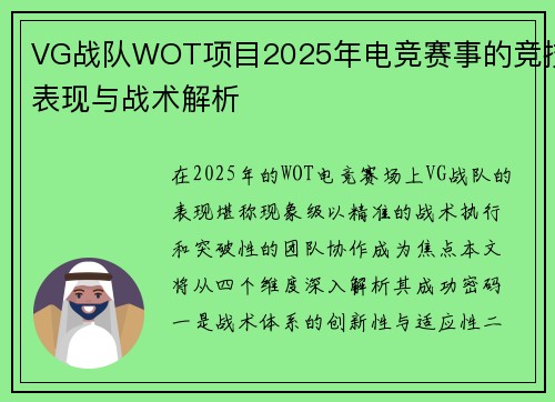 VG战队WOT项目2025年电竞赛事的竞技表现与战术解析