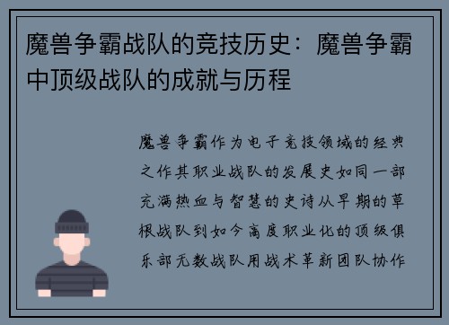 魔兽争霸战队的竞技历史：魔兽争霸中顶级战队的成就与历程
